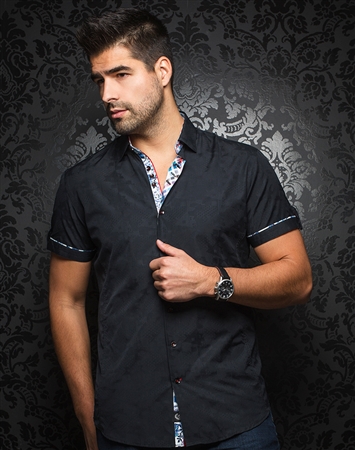 Stylish Short Sleeve Dress Shirt: Stellar Jacquard Black