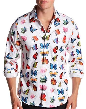 Luxury Dressshirt - White Multicolor Butterfly