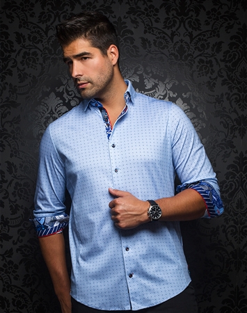 Light-Blue Pin Dotted Long Sleeve Knit Button Up Shirt | Pin Dotted Knit Dress Shirt