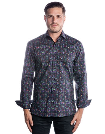 Modern Men's Dress Shirt - Black Multi-Colored Fashion Shirt