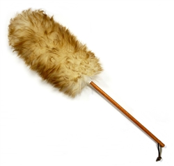 25" Wooden Dowel Premium Lambswool Duster (13" head with 14" wooden handle). Wool is white with brown tips and handles are made of a wooden dowel.