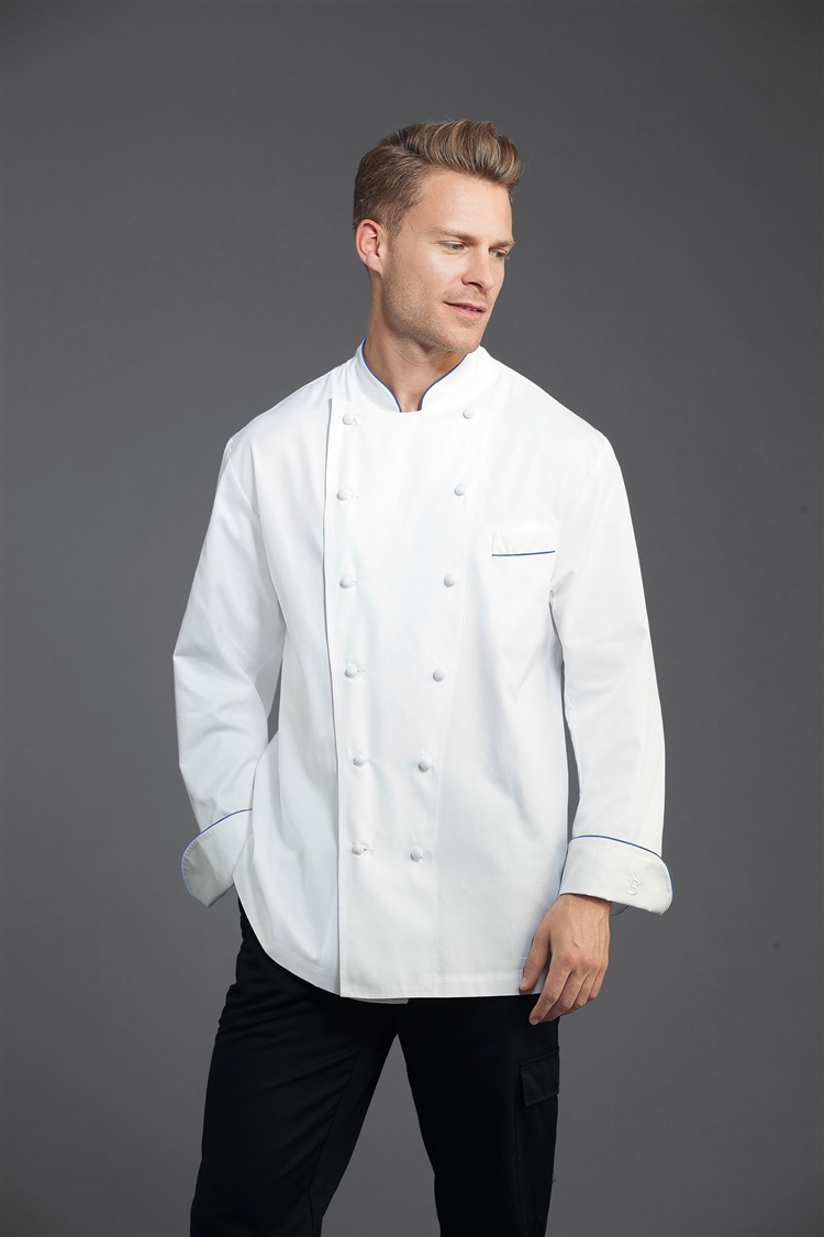 Perigord Chef Jacket with Blue Piping in 100% Long Fiber Pima Premium Cotton, the finest cotton in the world