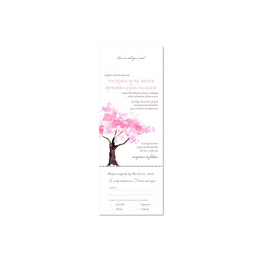 Pink Blossoms Wedding Invitations | Spring Blooms Tree on White seeded paper
