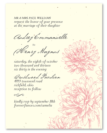Camellia Wedding Invitations on seeded paper with pink Blooms