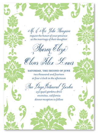 Elegant Green Wedding Invitations on seeded paper ~ Captivating Damask