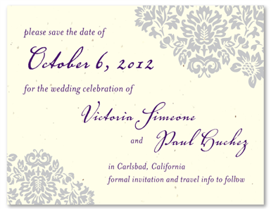 Save the Date cards on Seed Paper ~Damask by ForeverFiances Weddings (Deep Purple, Cream, French Gray)