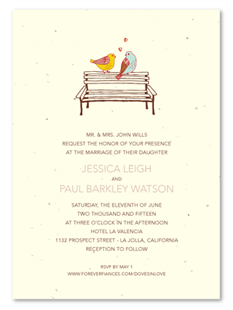 Doves in Love Wedding Invitations on seeded paper (Birds on a park bench)