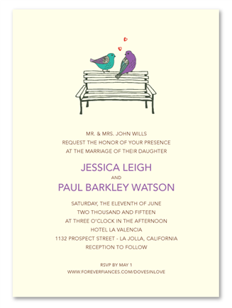 Green & Purple Wedding Invitations - Doves in Love/ Birds on a park bench