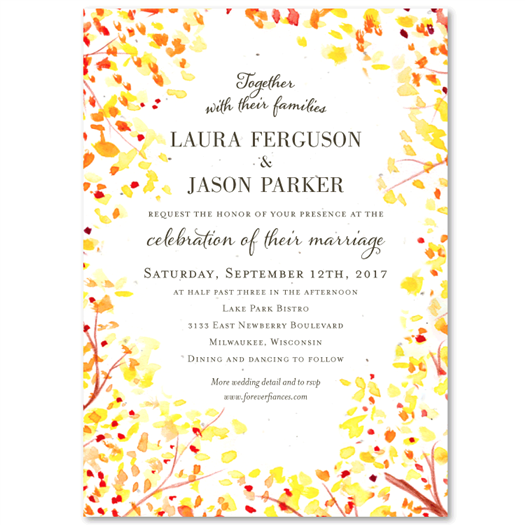 Fall meadow Wedding Invitations with orange and yellow leaves