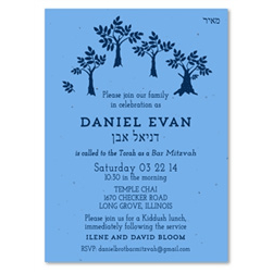Family Trees Bar Mitzvah Invitations, on blue seeded paper
