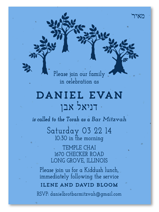 Family Trees Bar Mitzvah Invitations, on blue seeded paper