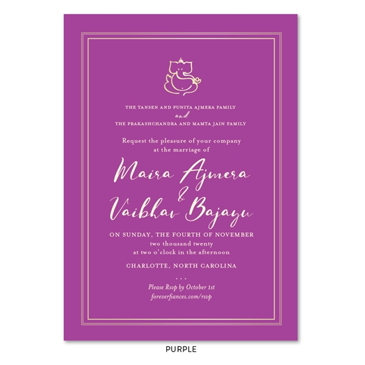 gold ganesha wedding invitations with purple
