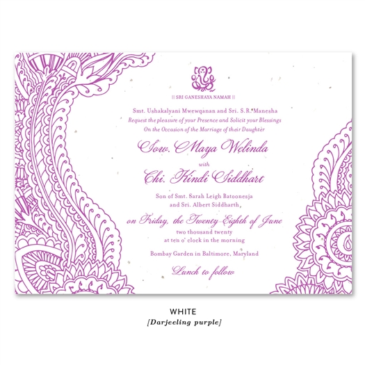 Indian Paisley Wedding Invitations on purple seeded paper