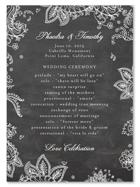 Chalk Wedding Programs ~ Indian Smile (unique on recycled paper)