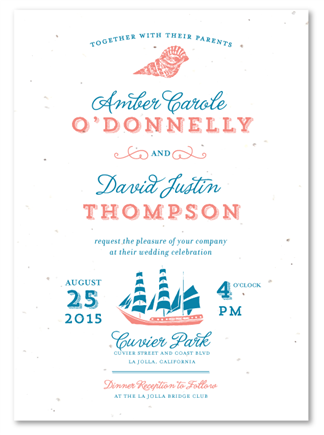 Beach Wedding Invitations on Seeded Paper ~ New England Shoreline Sea Shells