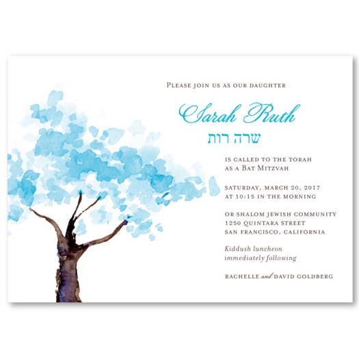 Blue Tree Bat Mitzvah Invitations |  Spring Blooms (non-plantable recycled)