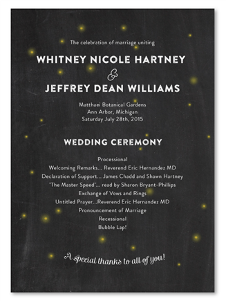 Chalk Wedding Programs ~ Summer Fireflies (unique on recycled paper)