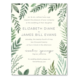 garden spirits wedding invitations with green foliage on seeded paper