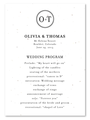 Classic Monogram Wedding Programs on White seeded Paper
