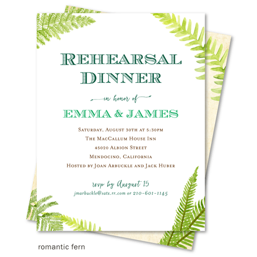 Romantic rustic fern rehearsal dinner invitations with vintage paper