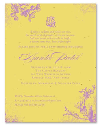 Curry Yellow Baby Shower Invitations ~ Romantic Garden on seeded paper