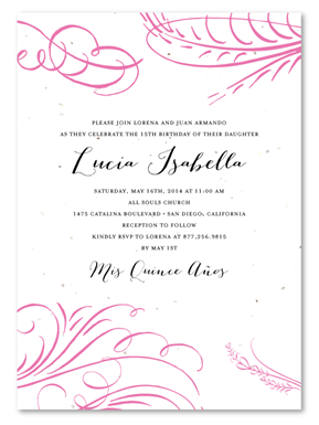 Pink Quinceanera Invitations on seeded paper ~ Floral Swirls