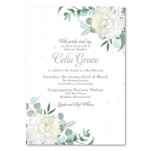 Dahlia Bat Mitzvah Invitations | White Dahlia (seeded)