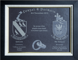 Wedding gift plaque personalised with family crests engraved on slate