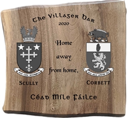 Oak Anniversary/Wedding gift plaque engraved with Family crests and wedding details.