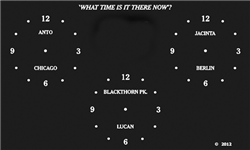 Slate clock engraved with three time zones. "What time is it there now?"