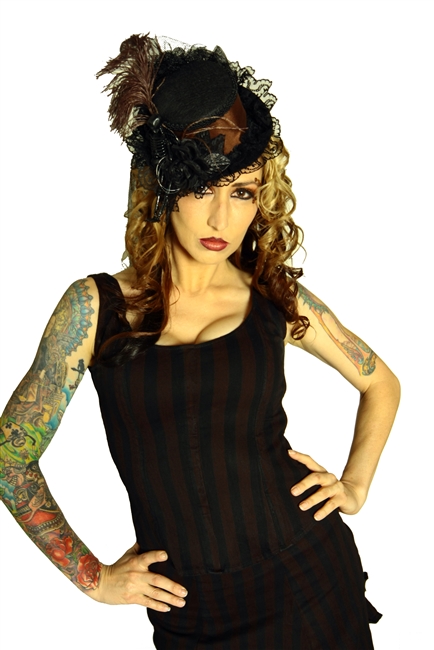 Hilary's Vanity Allie Bodice is done in our Brown and Black striped Fabric featuring a Zipper in the back.
