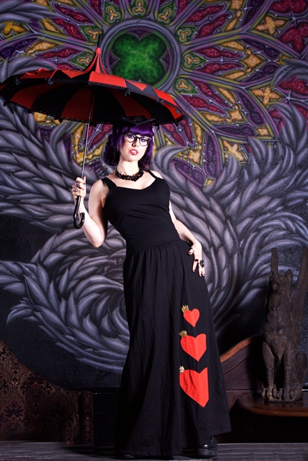 Card Queen Dress -Off with her head! Heads will be rolling, if you donâ€™t get this dress now! This super soft black cotton dress has sewn on crowned hearts appliques.