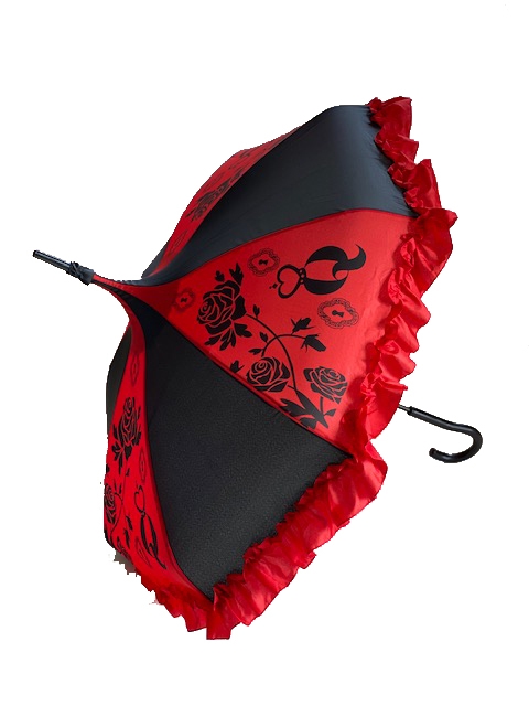 DELUXE-PAINTING ROSES RED Off with their heads! If they donâ€™t get you this beautiful PAINTING ROSES RED Umbrella features a Ruffle and hook-style handle