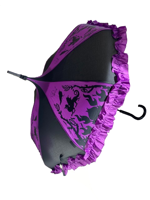 DELUXE-RAVEN QUEEN Umbrella conjures images of a fiery dragon, spinning wheel and raven. It features a Ruffle and hook-style handle.