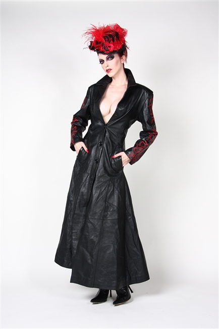 This Ladies Full Length Trench Coat in Black Leather with Button-down Front has a Back Cinch Corset and features beautiful Arcane Red Detail Embroidery. Made of 100% Genuine Napa Leather and Fully Lined in 100% Polyester.