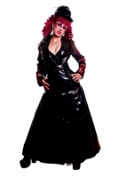 Devious Lady PVC- This Full-Length PVC Trench Coat done in our Heavy PVC. Features a Back-Cinch Corset, Button Down Front, Arcane Red Detail Embroidery 100% Polyester Lining.
