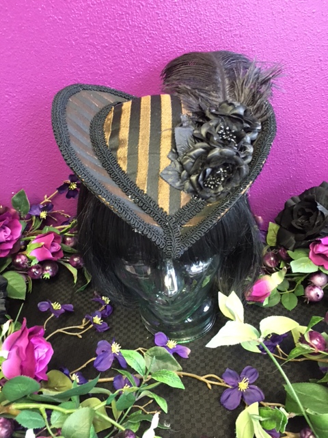 HEART HAT BROWN AND BLACK STRIPE All Hilary's Vanity Hats are hand made by Hilary shipping can take up to 2 weeks depending of if we have to make a new one or if it is in stock.