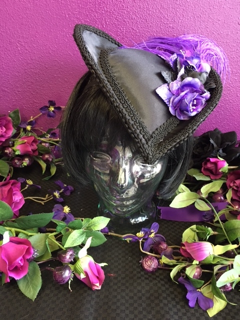 HEART HAT PURPLE AND BLACK All Hilary's Vanity Hats are hand made by Hilary shipping can take up to 2 weeks depending of if we have to make a new one or if it is in stock.