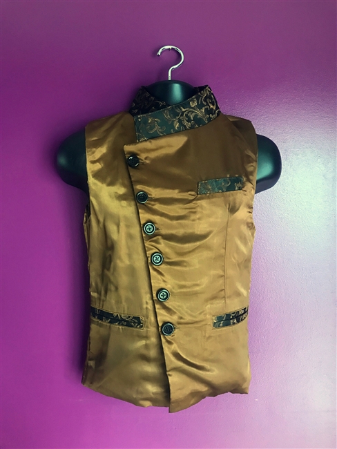 Jessie Vest Brown Satin is done in our Brown Satin and is a fully lined. It features an Adjustable Purple swirl Brocade Collar and three pockets. The Jesse Vest comes with a 100% Polyester Lining for superior comfort.