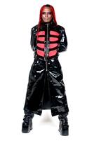 This Full Length Trench Coat in Black Heavy PVC with Cotton Side Panels

has a Fully Quilted Lining, Adjustable Side Buckle Straps, Zipper Closure

and Hips Front Pockets.
