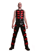 Murder Pants Red are made with our Black PVC and have Red Panels. These Pants the are Fully Lined with 100% Polyester Lining and  have Back Pockets.