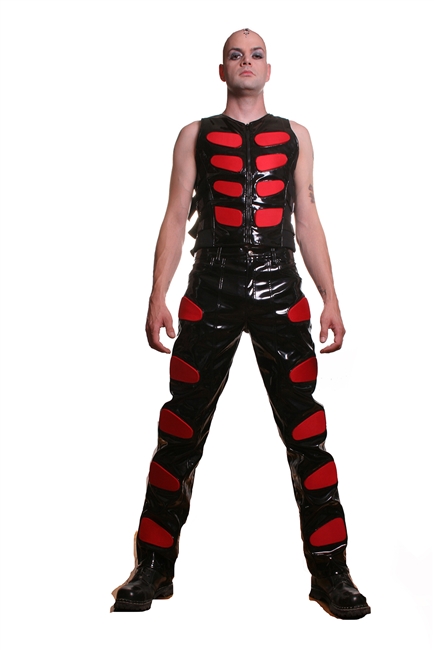 Murder Pants Red are made with our Black PVC and have Red Panels. These Pants the are Fully Lined with 100% Polyester Lining and  have Back Pockets.