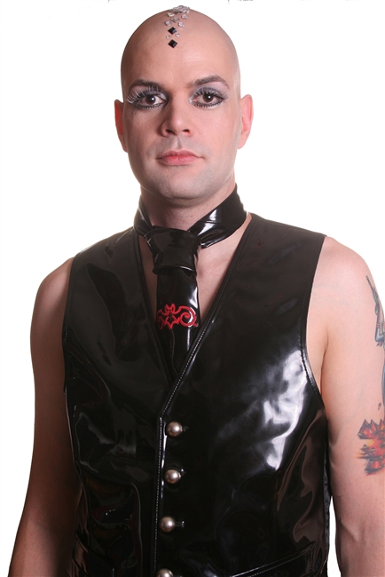 PVC Tie -This Classic Men's Tie is done in out of our Black PVC and has The Hilary's Vanity Bat embroidered on it in Red.