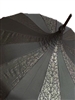 This beautiful black umbrella has a black small skull damask pattern. And features lace and bow details and hook-style handle