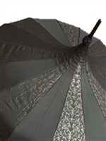 This beautiful black umbrella has a black small skull damask pattern. And features lace and bow details and hook-style handle