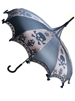 This beautiful umbrella has a BIG SKULL GRAY DAMASK pattern. And features lace and bow details and hook-style handle.
