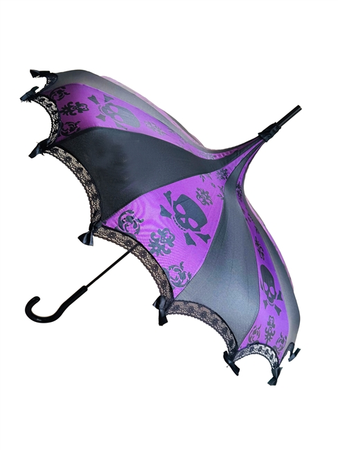 This beautiful umbrella has a BIG SKULL PURPLE DAMASK pattern. And features lace and bow details and hook-style handle.