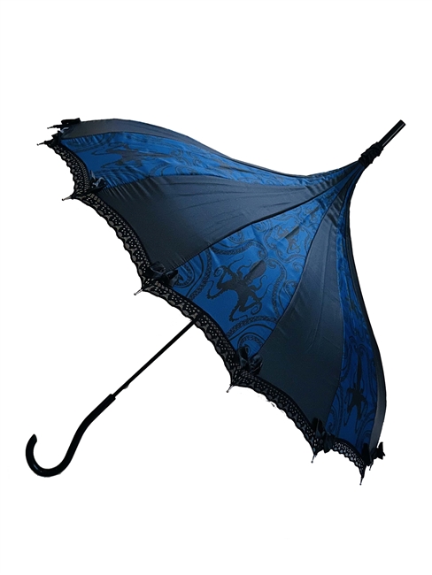 This beautiful Hilary's Vanity umbrella has a UMBRELLA BLUE OCTIPUS DAMASK pattern. It features lace and bow details with a real Bamboo hook style handle.
