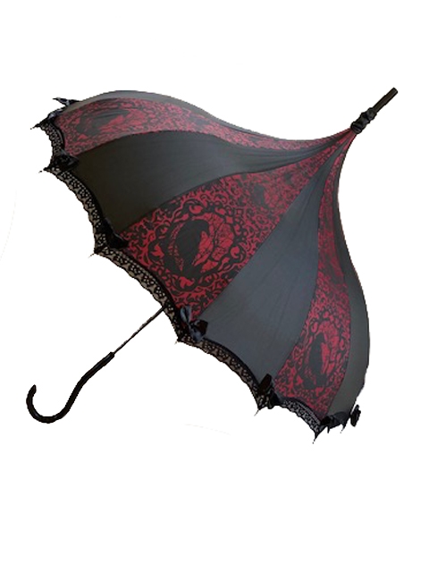 This beautiful umbrella has a Burgundy Raven pattern. And features lace and bow details and hook-style handle.