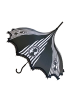 This beautiful umbrella has a black and white skeleton design pattern. And features lace and bow details and hook-style handle.
